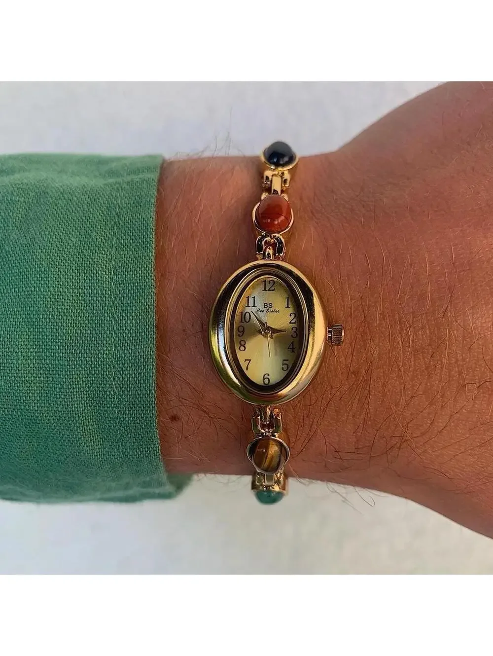 Y2k style Gold style tone quartz watch with glass multicolored jade stone opal